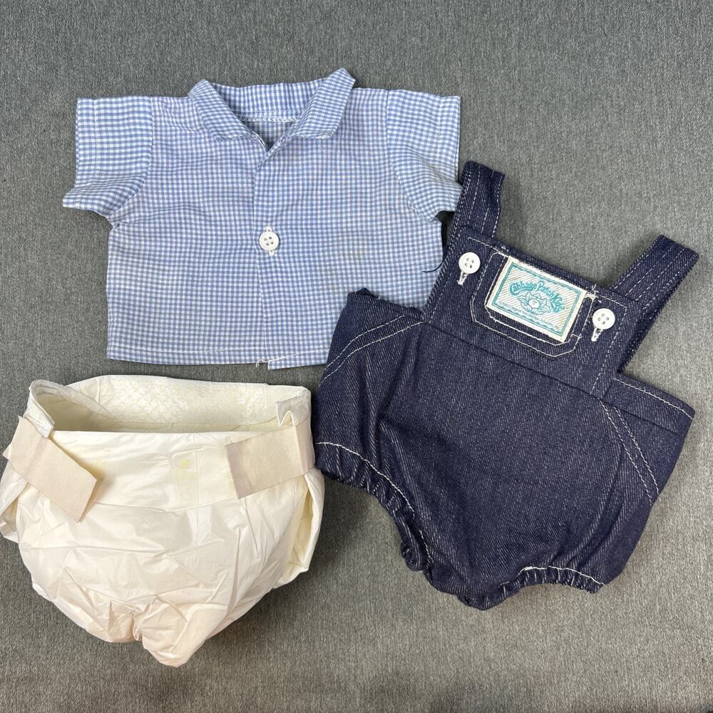 VTG Coleco Cabbage Patch Kids Denim Romper Overalls Blue Gingham Shirt Diaper